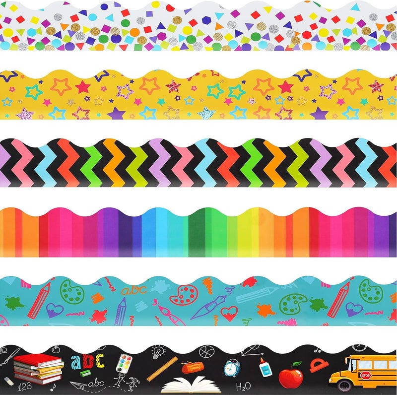 Geyee 84 Pieces 83 Feet Classroom Bulletin Board Borders Scalloped Rainbow Bulletin Board Trim Adhesive Decorations Colorful for Chalkboard, 6 Designs(Classic Style) - Image 1